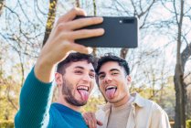 Alegre pareja de hombres homosexuales abrazando y tomando auto disparo en el teléfono móvil en el parque - foto de stock