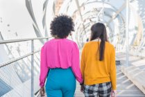 Vista posteriore di anonima coppia multirazziale di femmine omosessuali che si tengono per mano e passeggiano lungo il ponte in città durante la passeggiata estiva — Foto stock