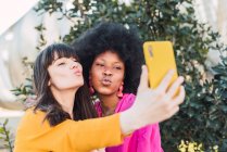 Delighted multiracial LGBT couple of women taking self shot on smartphone and pouting lips in summer garden — Stock Photo