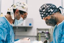 Профессиональный компетентный ветеринарный хирург с ассистентом в защитной одежде и масках, выполняющий операцию на животном пациенте в операционной с хирургической лампой — стоковое фото