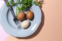 Верхний вид куриных яиц на тарелке с вилкой на свежих веточках петрушки на двухцветном фоне — стоковое фото