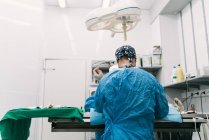 Cirujano veterinario profesional competente con asistente en ropa protectora y máscaras haciendo operación en paciente animal en quirófano con lámpara quirúrgica - foto de stock