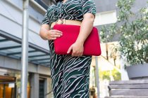 De baixo anônimo alegre jovem fêmea em roupa listrada elegante com caso laptop vermelho em mãos, enquanto em pé contra o edifício da cidade contemporânea — Fotografia de Stock
