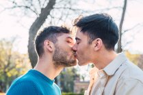 Vista laterale della coppia omosessuale felice di uomini che si baciano e si guardano nel parco — Foto stock
