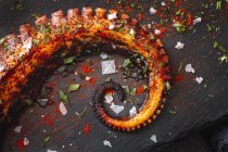 Du dessus délicieux tentacule de poulpe grillé servi avec des épices sur une planche en bois sur un tissu à carreaux — Photo de stock