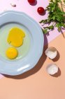 Vista aérea de huevos crudos en plato contra cáscaras de huevo y ramitas de perejil fresco sobre fondo de dos colores - foto de stock