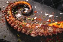 Delicious grilled octopus tentacle served with spices on wooden board — Stock Photo