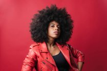 Deliziosa donna afro-americana con acconciatura afro guardando la fotocamera su sfondo rosso in studio — Foto stock