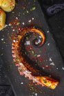 Vista dall'alto del tentacolo di polpo fritto e pezzi di patata serviti con spezie su tavola nera — Foto stock
