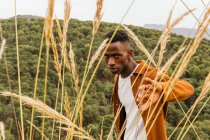 Schöner afroamerikanischer Mann steht im Sommer auf einem trockenen Feld und blickt in die Kamera — Stockfoto