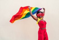 Femme afro-américaine élégante dans des vêtements et des lunettes à la mode avec drapeau coloré regardant la caméra pendant la célébration — Photo de stock