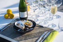 Delicioso y bien decorado plato de ostras junto con champán en el restaurante de alta cocina al aire libre - foto de stock