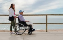 Deliziosa figlia adulta spingendo sedia a rotelle con padre anziano e godendo passeggiata lungo il lungomare vicino al mare — Foto stock