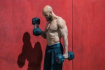 Seitenansicht eines bärtigen Sportlers, der beim Gewichtheben-Training mit schweren Hanteln in einer modernen Turnhalle wegschaut — Stockfoto