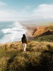 Задний вид женщины, стоящей в одиночестве на высоком скалистом лугу мыса Рейес Национальный берег наблюдая величественный вид на океан в Калифорнии — стоковое фото