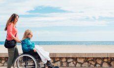 Side view of adult daughter walking with elderly mother in wheelchair along promenade near sea in summer — Stock Photo