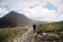 Rückansicht eines nicht wiedererkennbaren Mannes, der an einem bewölkten Tag auf einem Feldweg an einem rauen, grasbewachsenen Hang durch Snowdonia in der britischen Landschaft geht — Stockfoto