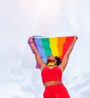 Von unten eine stylische Afroamerikanerin in trendiger Kleidung, die Flagge mit Regenbogenornament hisst, während sie auf der Fahrbahn wegschaut — Stockfoto