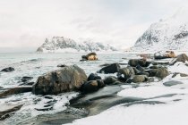 Cold sea water splashing on rocks near icy and snowy coast near mountains on gray winter day on Lofoten Islands, Norway — Stock Photo