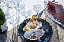 Délicieux et bien décoré plat d'huîtres jumelé avec du champagne au restaurant de haute cuisine en plein air — Photo de stock
