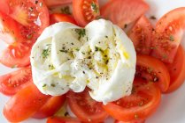Von oben Nahaufnahme von reifen Tomatenscheiben und Mozzarella auf weißem Teller — Stockfoto