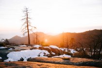 Picturesque scenery of snowy rocky terrain with tall bare trees against misty highland at horizon in Sequoia National Park during sunset in sunny cold weather — Stock Photo