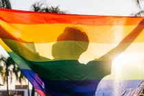 Silhueta de anônimo masculino gay no protetora máscara de pé com arco-íris LGBT bandeira no ensolarado dia no cidade — Fotografia de Stock