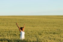 Jovem senhora preta em vestido de verão branco passeando no campo de trigo verde enquanto olha para a câmera durante o dia sob o céu azul — Fotografia de Stock