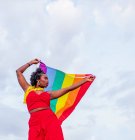 D'en bas de la femme afro-américaine élégante à la mode porter drapeau levant avec ornement arc-en-ciel tout en regardant loin sur la chaussée — Photo de stock