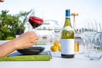 Botella de vino y cliente sosteniendo una copa en el restaurante de alta cocina al aire libre - foto de stock