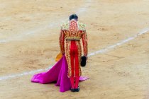 Vista posteriore di torero irriconoscibile in costume fantasia togliersi il cappello dopo prestazioni corrida mentre in piedi su arena sabbiosa — Foto stock