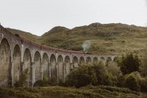 Train à vapeur le long du vieux pont en arc près de colline rugueuse par jour gris à Glenfinnan, campagne britannique — Photo de stock