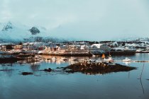 Mar frio com água tranquila localizada perto do assentamento costeiro e cume de montanha nevada no dia de inverno nublado nas Ilhas Lofoten, Noruega — Fotografia de Stock