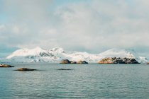 Islotes pedregosos ubicados en el mar ondulado cerca de la cordillera nevada contra el cielo nublado en invierno en las Islas Lofoten, Noruega - foto de stock