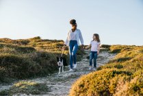 Полное тело счастливой многонациональной женщины и маленькой девочки с пограничной колли собака ходить вместе по тропе среди травянистых холмов в солнечный весенний вечер — стоковое фото