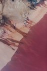 De cima vista aérea de aventureiro solitário atravessando áspero deserto terreno árido montanhoso com superfície de cor rosa — Fotografia de Stock