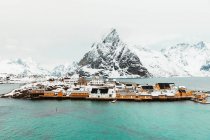 Mare freddo con acqua tranquilla situato vicino insediamento costiero e cresta di montagna innevata sulla giornata invernale nuvoloso sulle isole Lofoten, Norvegia — Foto stock
