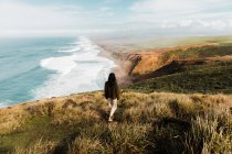 Vue de l'arrière de la femme debout dans la solitude sur une haute falaise prairie de Point Reyes National Seashore observant une vue majestueuse sur l'océan en Californie — Photo de stock