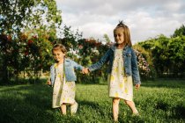 Lindas niñas en vestido y chaqueta de mezclilla de pie sobre hierba verde contra el arbusto floreciente con flores rojas en el parque de verano mientras se toman de la mano - foto de stock