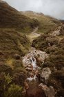 Malerischer Blick auf sprudelndes Wasser mit Felsen und Farnen im Gebirgstal von Glencoe im Vereinigten Königreich im Sommer — Stockfoto