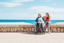 Alegre hija adulta con madre anciana en silla de ruedas sentada valla de piedra a lo largo del paseo marítimo en verano mirando hacia otro lado - foto de stock