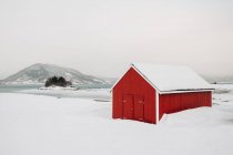 Cabane rouge située sur la côte enneigée blanche de la mer contre un ciel nuageux et brumeux sur les îles Lofoten, Norvège — Photo de stock