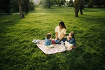 Щаслива молода жінка з маленькими доньками насолоджується пікніком на зеленому лузі, проводячи літній день разом у парку — стокове фото