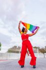 From below of stylish African American female in trendy wear raising flag with rainbow ornament while looking away on roadway — Stock Photo