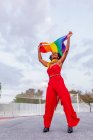 Dal basso di elegante donna afroamericana in moda indossare alzando bandiera con ornamento arcobaleno, mentre guardando lontano sulla carreggiata — Foto stock