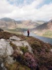 Vista posteriore di anonimo maschio ammirare colline e fiume mentre in piedi su un pendio accidentato durante il viaggio attraverso Snowdonia, UK campagna — Foto stock