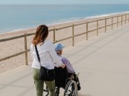 Entzückte erwachsene Tochter schiebt Rollstuhl mit Senior-Vater und genießt Spaziergang entlang der Promenade am Meer — Stockfoto