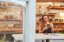 Focado jardineiro feminino que navega smartphone enquanto sentado à mesa de madeira em estufa e trabalhando — Fotografia de Stock