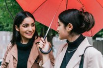 Happy ethnic women smiling and talking while walking with umbrella in park on rainy day — Stock Photo