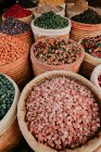 From above assorted spices arranged on stall on street market in Marrakesh, Morocco — Stock Photo